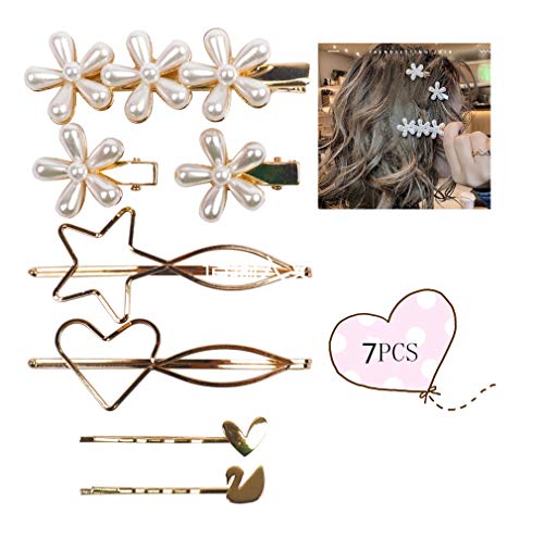 Diamond Hair Clip,Pearl Rhinestone Duckbill Women Barrettes 7 Pack Gold Different Shapes Bowknot No-slip Clamps Decorative Accessories