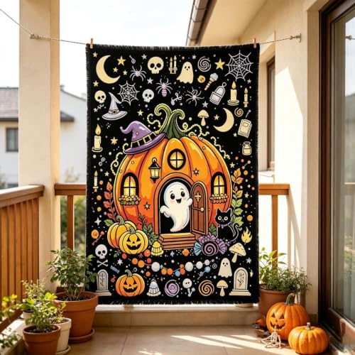 59 X 50 Inch Fringed Halloween Painted Coloring Blanket for Home Decor,A - image 3