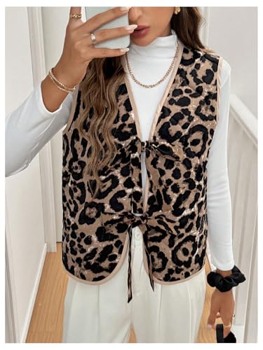Verdusa Women's Sleeveless Tie Front V Neck Leopard Print Vest Waistcoat Outerwear3