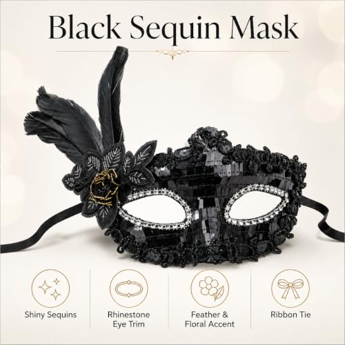 Image of Wanna Party Black Sequin Masquerade Mask for Women Men,Venetian Mask Shinny Eye Masks for New Year Halloween Costume Mardi Gras Party Ball- Black