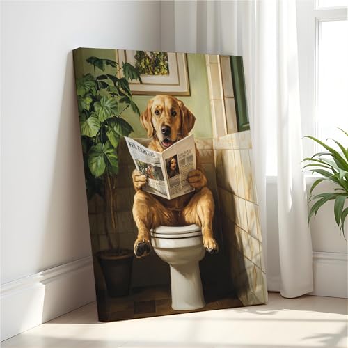 Image of Labrador Retriever on Toilet Wall Art Print Canvas Wrapped, Dog Bathroom Humor Decor Posters Prints for Restroom Home Picture Painting Artwork Gallery 7 (Labrador Retriever, 20 inchL x 16 inchWCANVAS, Wrapped Canvas)