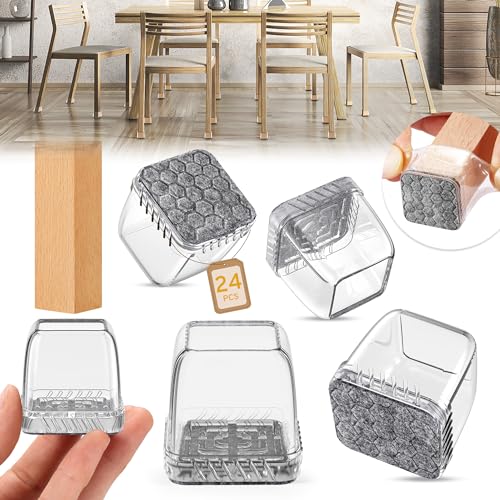 24PCS Square Chair Leg Floor Protectors, Furniture Sliders, Chair Leg Protectors for Hardwood Floors, Non-Slip Felt Furniture Pads, Silicone Cap Covers to Protect Floors, (Fit 0.75" - 1.1")