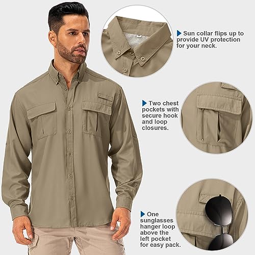 Asfixiado Hemd Herren Safari UPF50+ UV Schutz Wanderhemd Herren Langarm Funktionshemd Outdoorhemd Atmungsaktiv Schnelltrocknend Casual Button Down Shirts(Khaki XL)