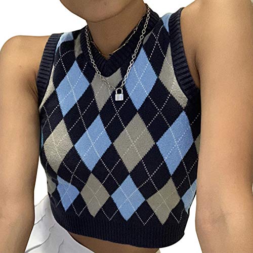 Keebgyy Pull court sans manches à col en V pour femme - Bleu - L Cover