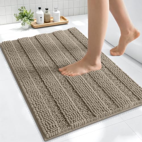 Image of Smiry Thick Small Chenille Bathroom Rugs 24x16, Extra Soft Absorbent Striped Bath Mat, Machine Washable, Rubber Backing, Bath Rugs for Bathroom, Tub & Shower, Home Decor Accessories, Warm Taupe