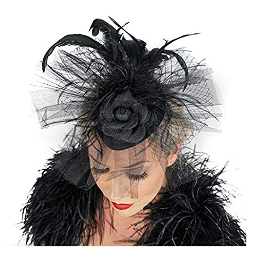 ZUCKER Ostrich Feather Fascinator Wedding Hair Accessory - Gothic Victorian Style Cocktail Party Hair Clip - Black
