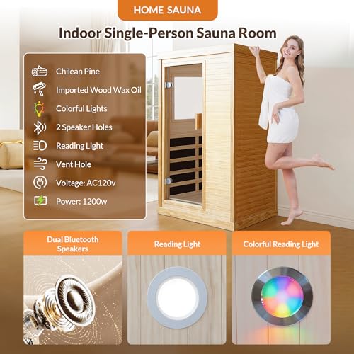 Image of OUTEXER Infrared Sauna Home Sauna Spa Room Chilean Pine Wood 1200W Indoor Saunas Low EMF 110V with 7 Color Light