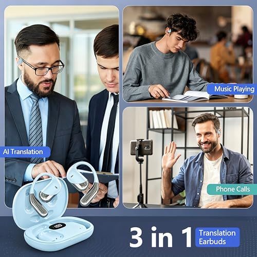 Image of AI Open Ear Earbuds Translation Headphones, Real-Time 2-Way Language Translator Device, 3-in-1 Bluetooth Translating Headphones for Travel /Music /Calls /Exercise, Audifonos Traductores Ingles Espanol