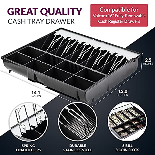 Cash Drawer Tray - 14.1 X 13 X 2.5 Inch Cash Register Insert - 5 Bill / 8 Coin Replacement Cash Tray - Stainless Steel Currency Compartment - For Volcora 16” Cash Registers With Fully Removable Tray #TOP1