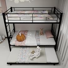 Triple Bunk Bed for Kids,Metal Bunk Bed Frame with Trundle, Twin Over Twin Bunk Beds with Guardrail and Ladder, Space Saving, No Box Spring Needed, Black