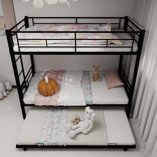 KEIKI Twin Size Triple Bunk Bed w/Trundle,Heavy Duty Metal Convertible Platform Bed Frame with Ladder & Full-Length Guardrail, for Teens, Adults, Noise Reduced, No Box Spring Needed,Black