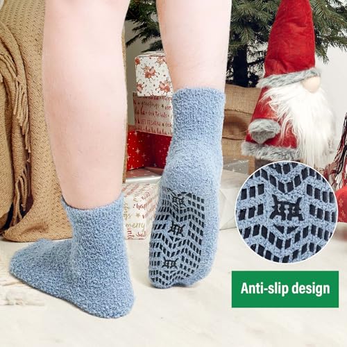 CaiDieNu Fuzzy Socks for Men with Grippers, Fluffy Slipper Socks Winter Warm Thick Home Hospital Cozy Non-slip Socks 5 Pairs4