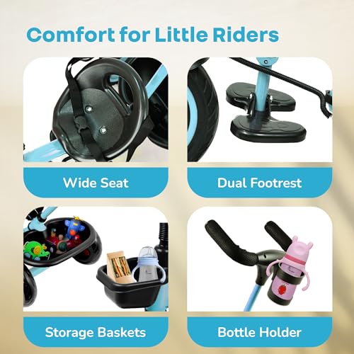 Image of R for Rabbit Tiny Toes R20 Plus Tricycle for Kids with Rubber Wheels, Adjustable Parental Control, Front & Rear Storage Basket | Baby Trike Cycle for 2 to 5 Year, Upto 25 Kgs Boy & Girl (Sky Blue)