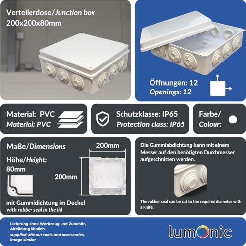 Lumonic Verteilerdose weiß 200x200x80mm mit 12 Öffnungen I Abzweigdose Aufputz - IP65 I Verbindungsdose, Klemmdose, Abzweigkasten für Innen & Außen