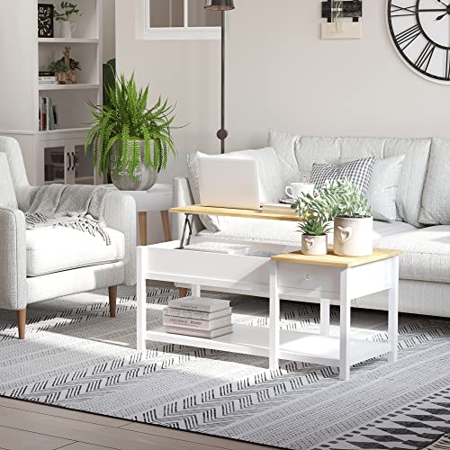 Homcom 43" Lift Top Coffee Table With Hidden Storage Compartment And Open Shelf, Tea Table For Living Room, White And Oak #TOP1