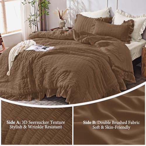 Image of JOLLYVOGUE King Size Comforter Set, 3 Pieces Oak Brown Seersucker Comforters King Size, Lightweight & Fluffy Bedding Sets King for All Season with 1 Ruffle Comforter and 2 Ruffle Pillowshams