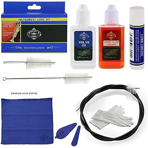 Rochix Trumpet/Cornet/Trombone Care Cleaning Kit,Maintenance Kit,Valve Oil,Tuning Slide Grease,Flexible Brush,Valve Brush,Mouthpiece Brush,Cork Grease,Cleaning Cloth and More(Random color cloths) Cover