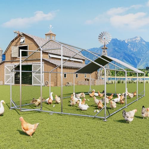 Image of Aoxun Large Metal Chicken Coop, Outdoor Chicken Runs for Yard with Cover, Spire Roof Hen House Enclosure with Security Lock, Walk-in Cage Peak Hen House for Yard Farm (10x20x6.4 FT)