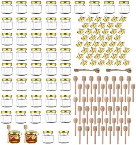 Mini Honey jars-1.5 oz, 48 pcs Hexagon honey jars with wooden dipper, gold cover, bee pendant, rope-24m, Thank-You Tags, Stickers, Glass Honey jars with lids, Baby Shower, Wedding Favors, Party Favors
