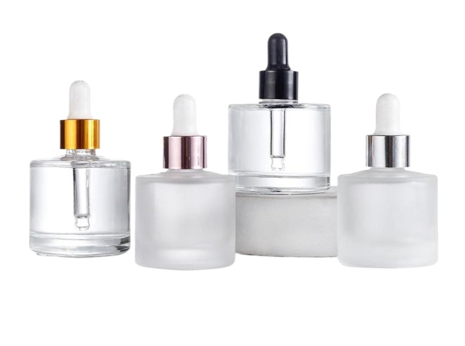 Gotero Botella de suero aceites esenciales vidrio transparente esmerilado grueso redondo 30ml y 50ml con gotero for ojos pipeta Perfume(Clear Silver cap,4 bottle,50ml)