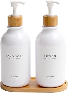 MaisoNovo Dish Soap Dispenser for Kitchen Bamboo Pump and Soap Tray - Kitchen Soap Dispenser Set, Dish Soap, Hand Soap Dispenser Bathroom, Soap and Lotion Dispenser Set Label - Margaux White Set