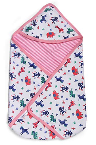 Image of pom-pom SWEET HEARTS Cotton Hooded Swaddle Wrapper for New Born Baby | Two Layer Wrapper /Blanket /Receiving Blanket | Soft, Lightweight & Travel Friendly - (0-9 Months) - Animal Striped Print - Pink