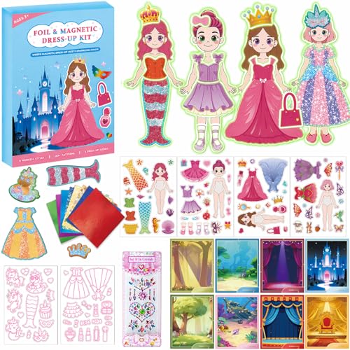 SOOVSY Magnetic Dress Up Dolls for Girls Ages 4-8 Princess Mermaid Fairy Ballerina Dress-Up Magnets with DIY Foil Art Craft Kit Screen-Free Travel Activity Toy & Creative Gift for Kids