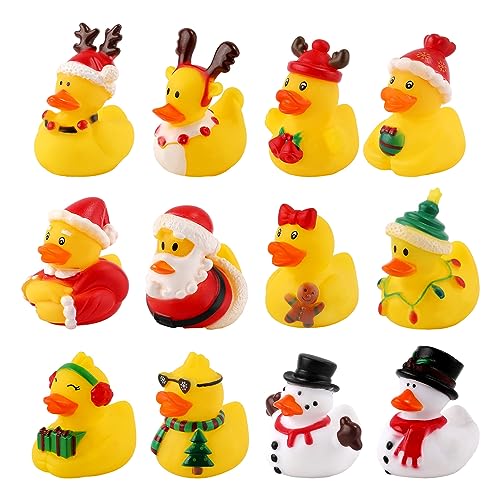 12 Uds Patos de Goma de Navidad, Patos de Goma Surtidos Juguetes de Baño de Patos de Goma Decoraciones de Pato de Navidad para Fiesta de Navidad Rellenos de Calcetín (Aproximadamente 5cm)