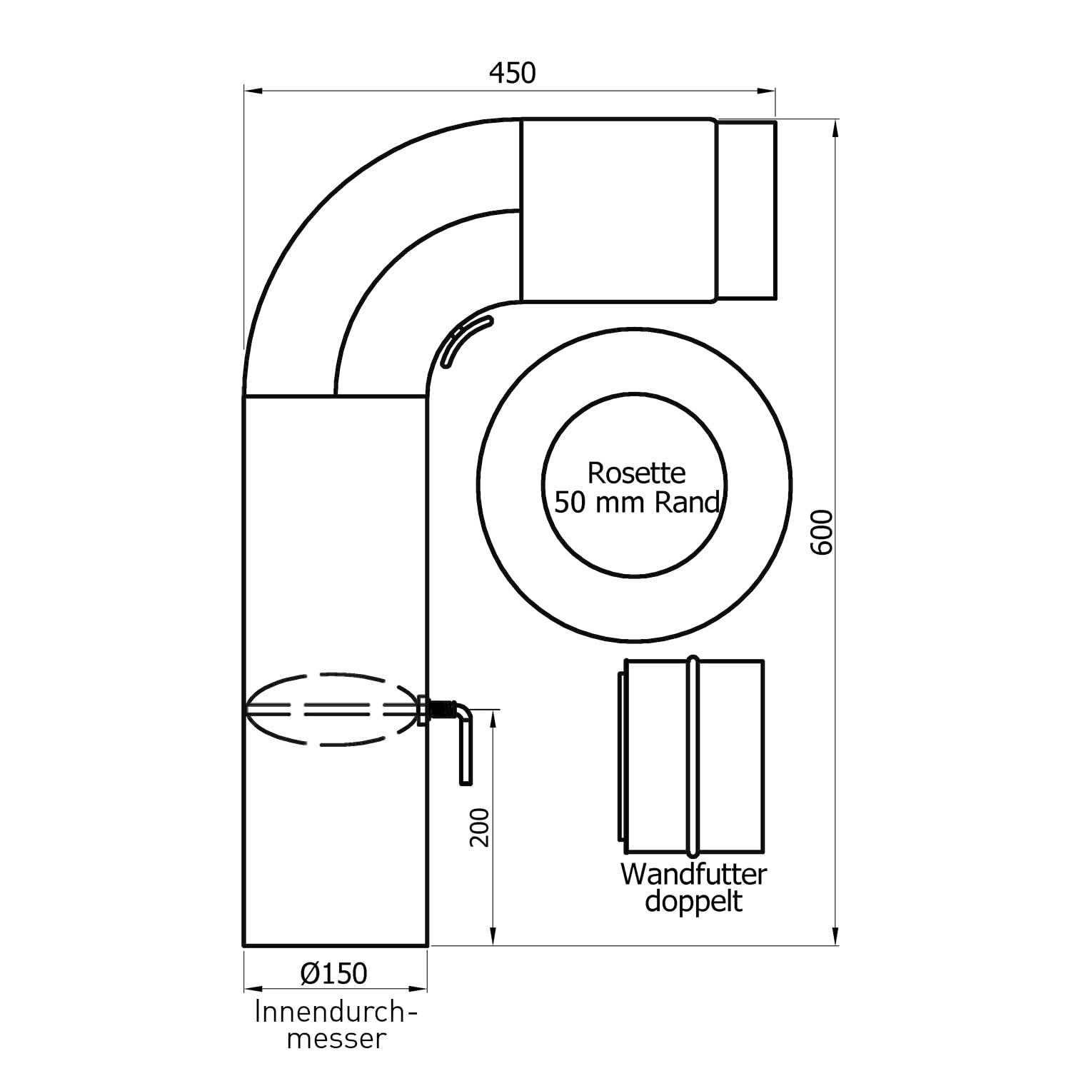 raik Rauchrohr Ofenrohr Set 150 mm einteilig schwarz 90 Grad Bogen gezogen 2 mm Stahl Senotherm Lackierung bis 600 Grad inklusive Wandrosette und Doppelwandfutter