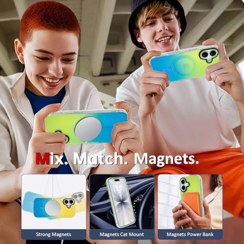 Image of AIGOMARA Magnetic Case for iPhone 17, Compatible with Magsafe, Fluorescent Iridescent Case for Women Girls, Shockproof Translucent Matte Protective Cover 6.3 Inch 2025, Green Blue