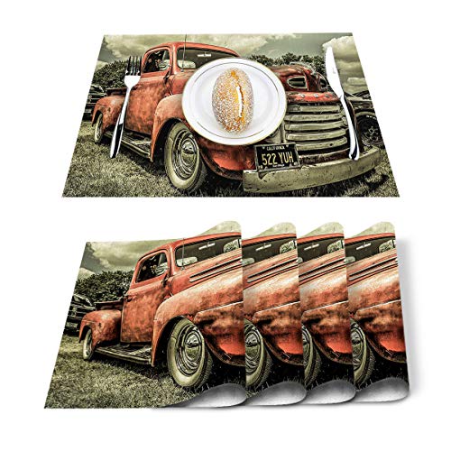 SUN-Shine Antique American Car Placemats Farm Vintage Old Truck Placemat for Dining Table Decorations, Heat-Resistant Washable Table Mats for Kitchen Dinner Banquet Set of 6