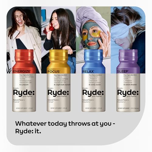 Image of Ryde Discovery Pack | Energize, Focus, Relax & Sleep Shots | Green Tea Caffeine, Ginseng, B Vitamins, L-Theanine, Lemon Balm, Chamomile, Melatonin | 0 Calories, 0 Sugar | Variety Pack (8 Pack)