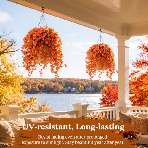 Image of Lewondr Artificial Fall Hanging Flowers UV Resistant Bougainvillea, Orange | 2PCS Faux Silk Long Trailing Vines, Fade Proof, Fake Flowers for Autumn Decorations, Front Door Porch Planter Urn Patio