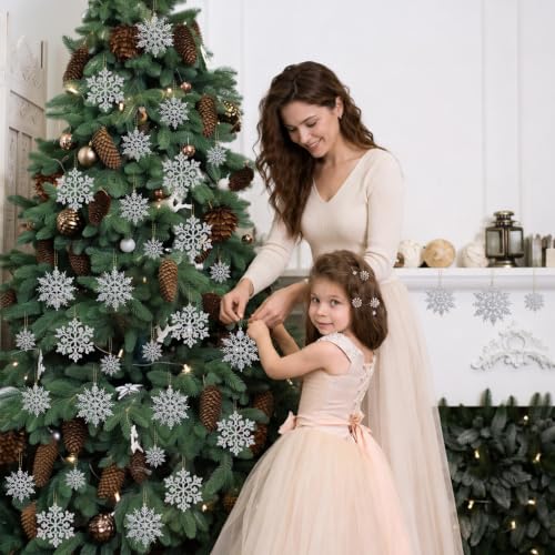 Image of Glitter Christmas Silver Plastic Snowflake Ornaments for Winter Holiday | 60pcs, 4 sizes. Perfect for Christmas tree, birthday party, wedding decor, crafts