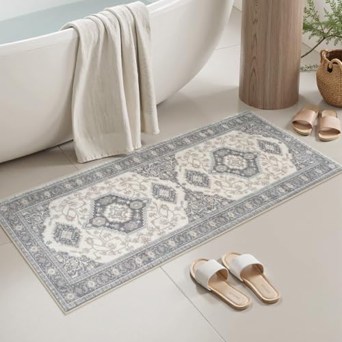 Seavish Gray Boho Bathroom Runner Rug, 20x47 Inch Vintage Oriental Absorbent Bath Mat, Non Slip Washable Long Bathroom Rug for Sink Tub Vanity Laundry Room, Farmhouse Distressed Bath Rugs