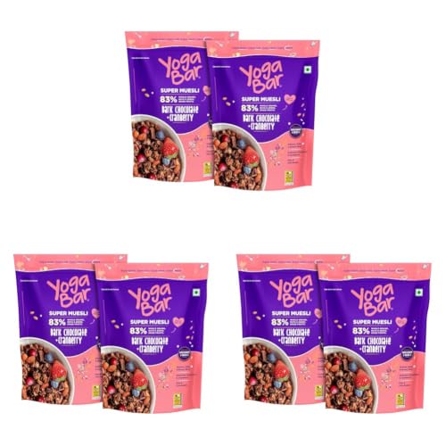 Image of Yogabar Wholegrain Breakfast Muesli 900g (450g x 2), Dark Chocolate Cranberry, 25% Dry Fruits, Nuts and Seeds | Healthy Breakfast Cereals | Gluten Free | Healthy Food for Breakfast | Protein Rich