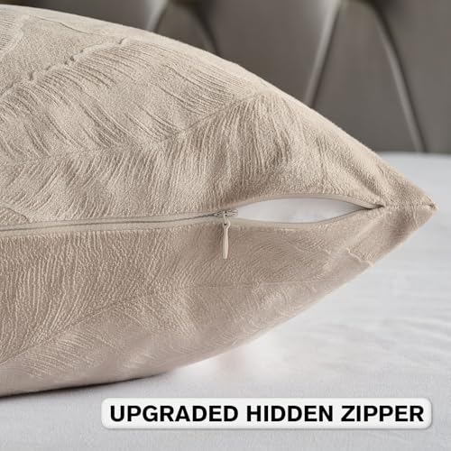 Image of FUTEI Pack of 2 Velvet Throw Pillow Covers 12x20 Inch Soft Embossed Leaf-Relief Textured Decorative Lumbar Pillowcases Modern Natural Farmhouse Accent for Couch Bed Living Room, Oatmeal