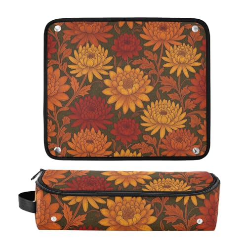Estuche de viaje 2 en 1 para plancha rizadora con tapete para planchas y organizador para herramientas de cabello, bolsa de almacenamiento para rizador, plancha, secadora y accesorios en rojo y naranja con motivos de crisantemos William Morris miniatura 3