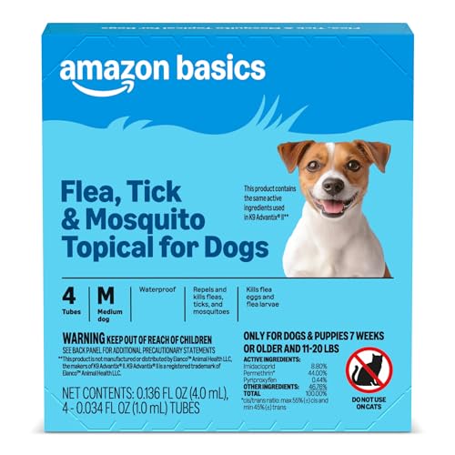Amazon Basics Preventative Flea Tick & Mosquito Topical Treatment for Medium Dogs (11-20 Pounds) Kills Fleas Prevents Infestations 4 Count Packaging May Vary