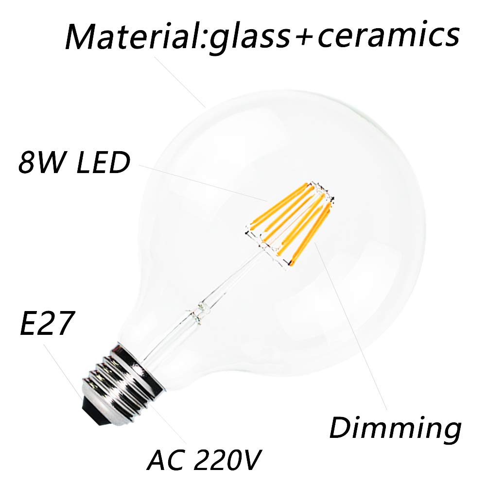 12 bombillas LED G125 de 8 W (equivalente a 60 W), casquillo E27, filamento de 220 V, No regulable, blanco cálido, 2200 K, diámetro de 125 mm