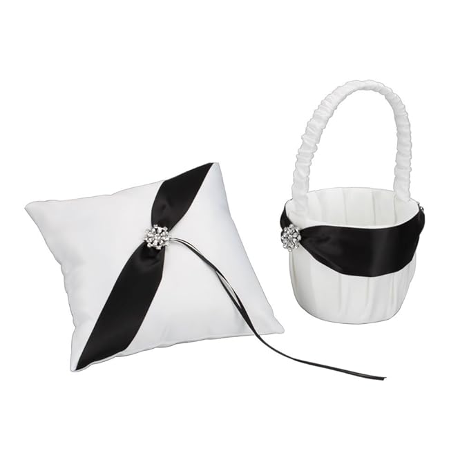 Olymstore(TM) Black and White Elegant Satin Ring Pillow + Flower Girl Basket Set Wedding Ceremony Party Favor