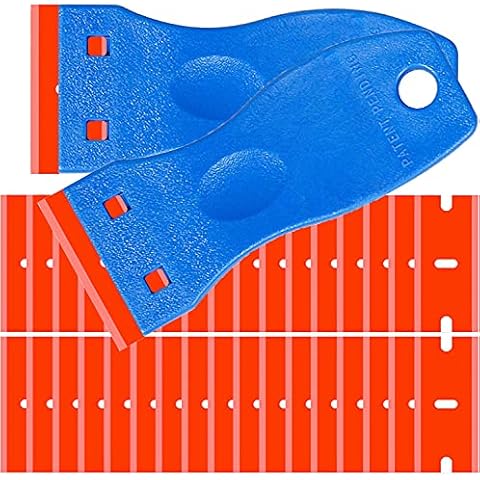 Double Edged Plastic Razor Blade Scrapers Knife with Contoured Grip for Scraping Labels and Decals Sticker From Glass (Blue 2 Scraper+100 Blades) Cover