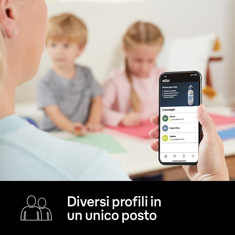 Braun ThermoScan 7 + connect Termometro auricolare | Compatibile con l'app Braun Family Care™ | Tecnologia Age Precision® | Display digitale con codifica a colori | Adatto a neonati e bambini