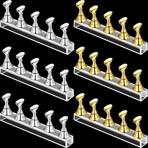 6 Sets Acrylic Nail Display Stand Nail Tip Practice Display Holder Magnetic Nail Practice Stand Fingernail DIY Nail Stand for False Nail Tip Manicure Tool Home Salon Use, Gold and Silver