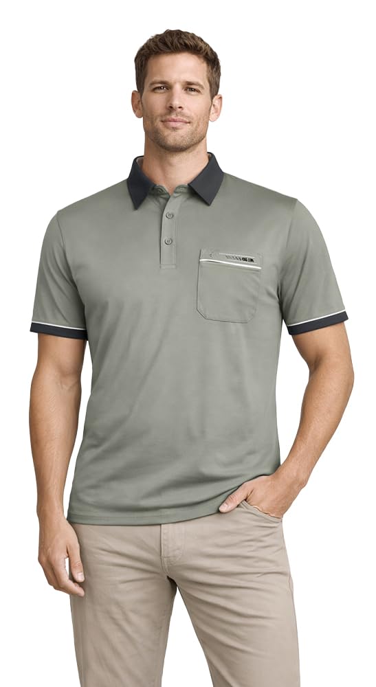 Gabicci - Plain Polo Shirt with Contrasting Collar and Piping (Large, Sage)