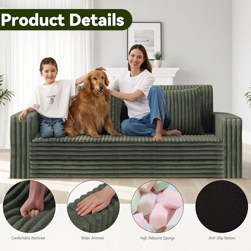 Image of HABUTWAY 68 inch Loveseat Boneless Couch, 4-in-1 Convertible Sofa Bed, Plush Fur Folding Futon Sofa Bed Couches with 2 Pillows for Living Room, High-Density Foam Support, No Assembly Required, Green
