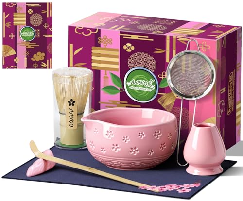 AANQQ Matcha Tea Set Rosa: Matcha Set 7-teilig - 560ml Keramik Matcha Schale mit Ausgießer - Chasen - Matcha Löffel & Si...