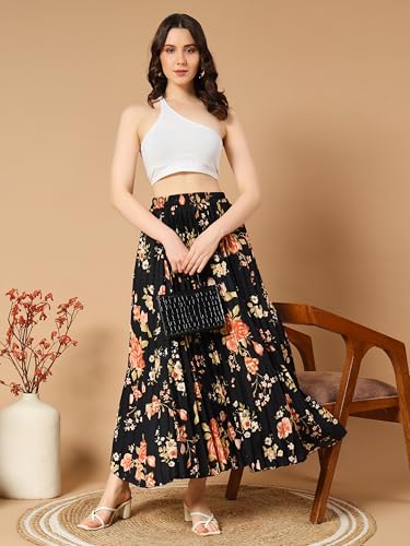 Image of KZULLY | Floral Printed Maxi Skirt | Comfortable Elastic Waist | Stylish Morden and Comfortable Looking | Fashionable and Modern Look Perfect for Any Event| Polyester, Crepe| for Women