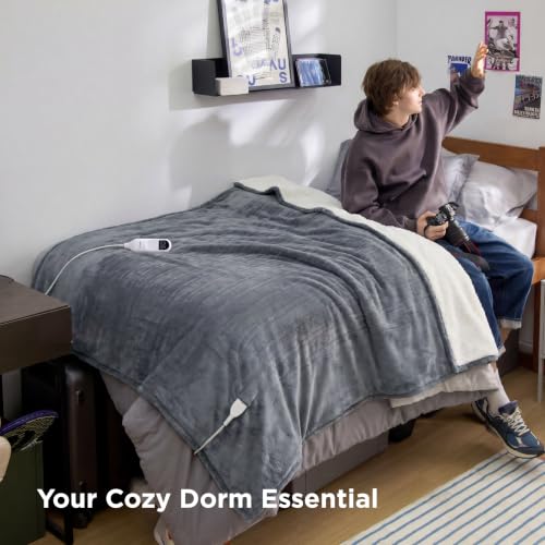 Image of Bedsure Heated Blanket Full Size, Soft Electric Blanket with Preheat, Grey | 6 Heat /6 Timer Settings, 8H Auto Shut-Off, ETL /FCC, Flannel Sherpa, Machine Washable, Gifts for Grandma Grandpa, 72x84in