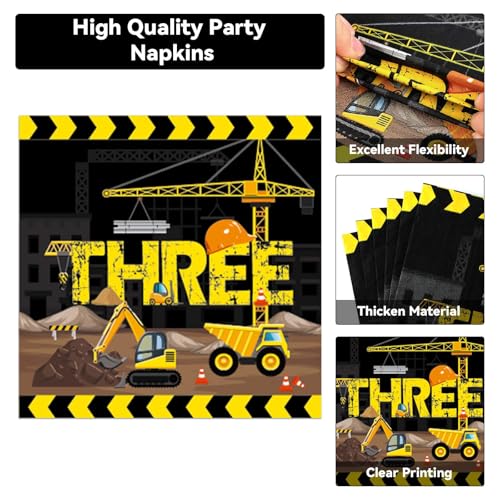 Image of 100 Pcs Construction 3rd Party Plates and Napkins Set 3 Years Old Birthday Decorations Construction Party Supplies Tableware Dump Truck Themed Favors for Birthday Party Decor Serves 25